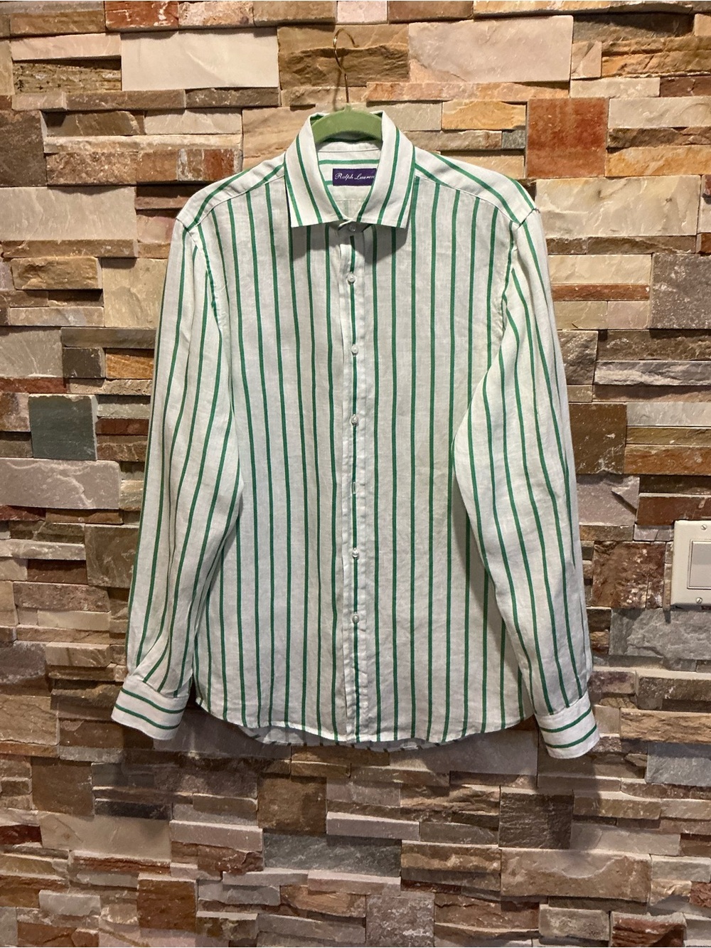 Ralph Lauren Purple Label Striped Linen Shirt Green White Made in Italy